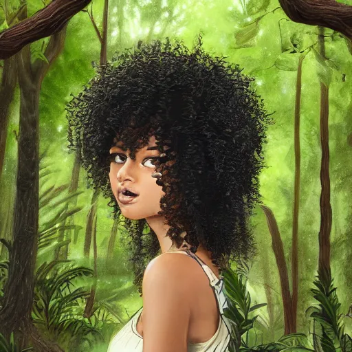 Image similar to A brown girl with black curly hair in a forest, highly detailed, artstation, 8k,