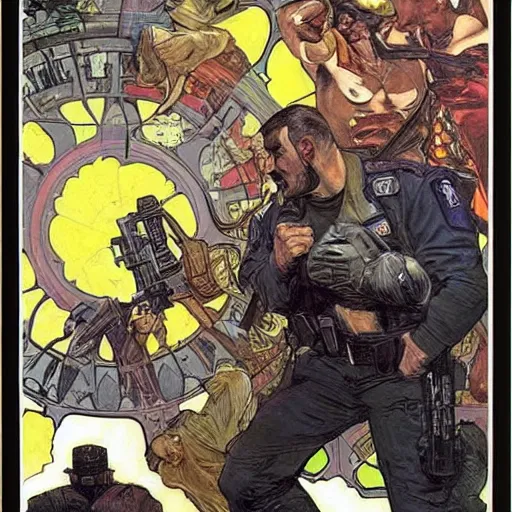 Image similar to The punisher fighting cops. Epic painting by James Gurney, Belén Ortega, and alphonso mucha. vivid realistic colors.