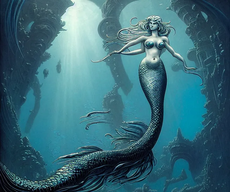 Image similar to a graceful beautiful mermaid looking at the sunken city of Atlantis deep under water, stunning undersea intricate detailed grand architecture in the style of Joe Fenton, art style by Greg Rutkowski and Mohrbacher and Gerald Brom and H. R. Giger, deep underwater scene, dark and moody, rays of sunlight, faint volumetric god rays, grim crushing atmosphere, trending on artstation, masterpiece, claustrophobic, dizzy, sharp focus, 8k octane beautifully detailed render, post-processing, extremely hyperdetailed, intricate, epic composition, grim yet sparkling atmosphere, cinematic lighting + masterpiece, trending on artstation, very detailed, Art Nouveau