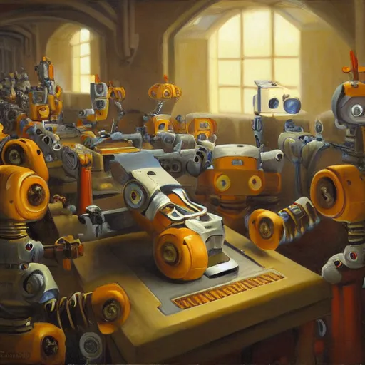 Prompt: robots creating new robots in a factory, oil painting by justin gerard, deviantart