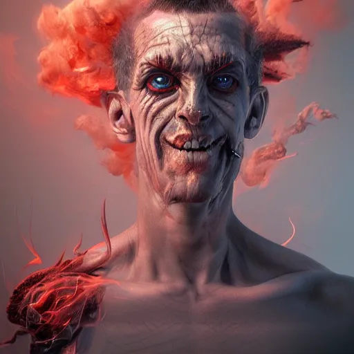 Prompt: realistic extremely detailed photo style portrait painting of a demon with smoke for hair and red burning eyes, siting in a chair, hybrid moebius, brom, artstation moody colors, octane render, 4k