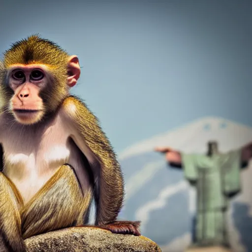 Image similar to high quality portrait of a monkey in front of Christ The Redeemer, studio photograph, photograph, realistic photo, 8k photo, 4k photo, stock photo, high resolution, cinematic shot, high detail