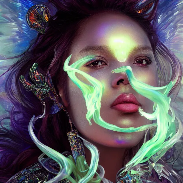 Prompt: detailed portrait of beautiful dark angel made of iridescent smoke, dark fantasy, sharp focus, vibrant, vivid, magical shiny skin, symmetry, highly detailed, 4 k digital painting, detailed skin, iridescence reflecting, crystal particles, magical, raytracing, plasma, artistic, concept art by artgerm, greg rutkowski, alphonse mucha, unreal engine render,