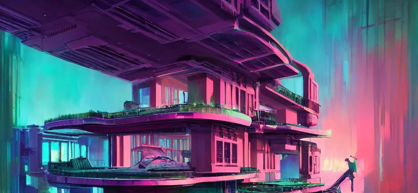 Prompt: beautiful masterpiece painting of a luxury apartment in a future radioactive glowing swamp, halo vehicle, grunge cyberpunk, by Remedios Varo and Anato Finnstark and Greg Rutkowski, dayglo pink, dayglo blue, by Craig Mullins, ilya kuvshinov, krenz cushart, artgerm, 8k, trending on ArtStation