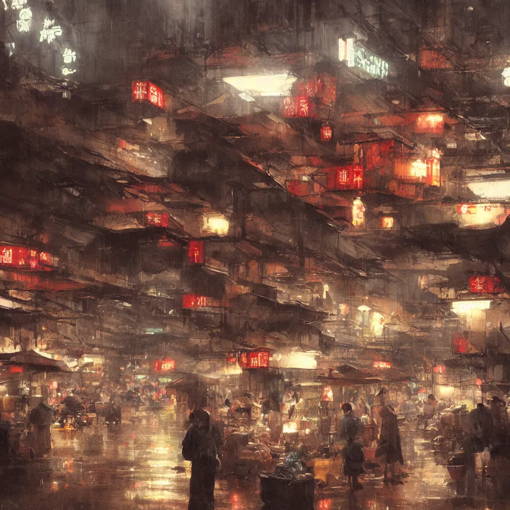 Image similar to an asian wet market at night, by greg rutkowski