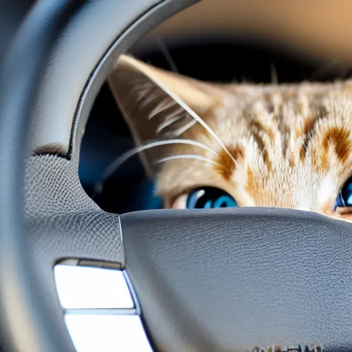 Prompt: cat driving a car with its paws on the wheel, photo, detailed, 4k