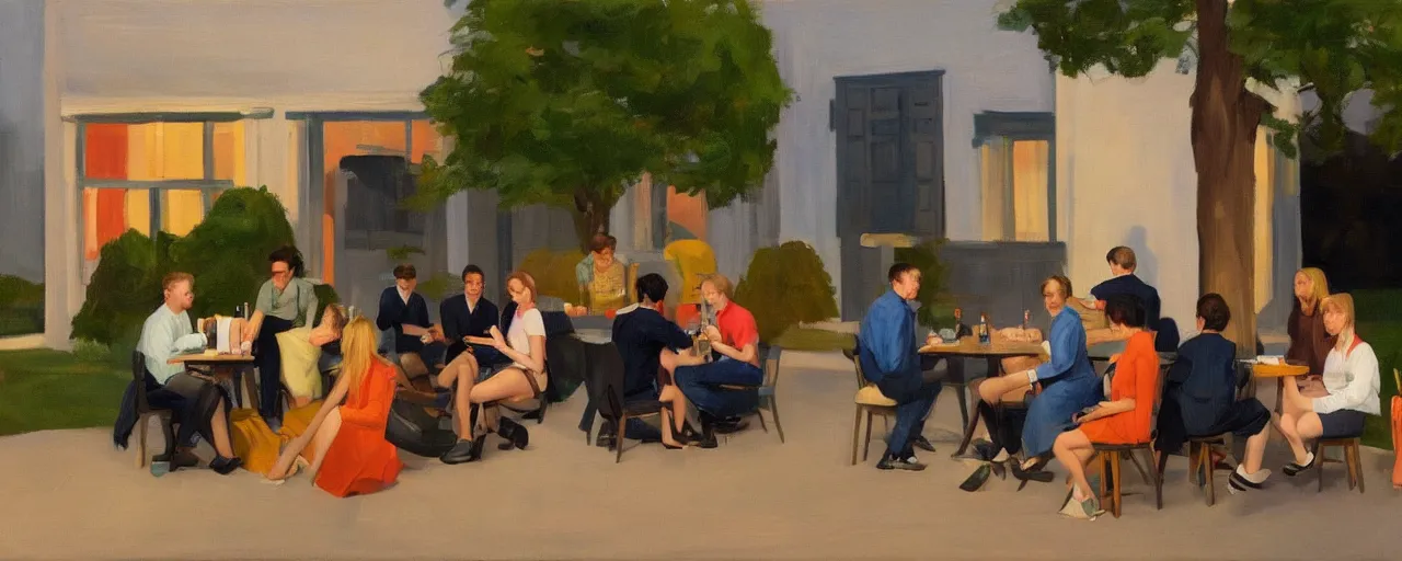 Image similar to a group of gen z friends sitting around talking about climate change while drinking old fashions, in the style of an edward hopper painting