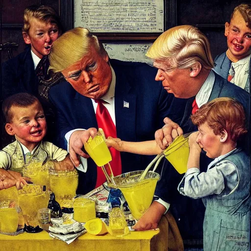 Prompt: children pouring yellow lemonade on Donald trump laying down, mannerism, norman Rockwell,