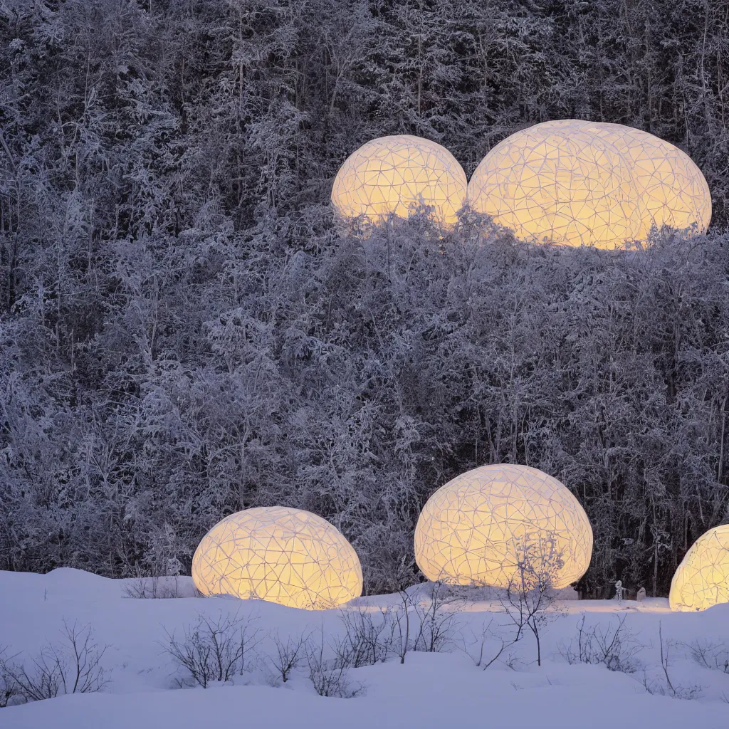 Prompt: A night photo of a glowing inflatable geodesic house made of clear plastic sheeting. The house is made of 3 inflated bubbles. The bubble house glows from within with warm light. A family is living inside the bubble house and it is furnished with contemporary furniture and art. The inflated bubble house is at the edge of a snowy winter forest. Close up detailed shot, coronarender, 8k, photorealistic