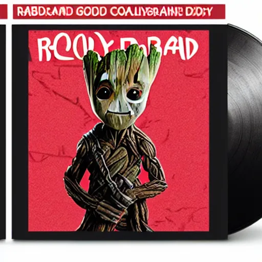 Image similar to baby groot and random japanese words with red and black colors as scarlxrd album cover