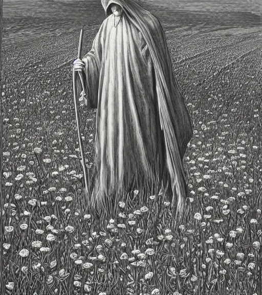 Image similar to grim reaper in beautiful meadow of flowers, pencil illustration by gustave dore, highly detailed, centered, high resolution, smooth, sharp focus, illustration