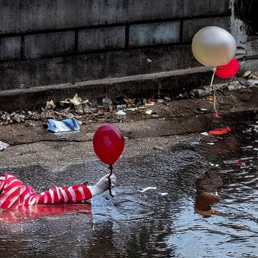 Prompt: horror photograph of clown from it trying to crawl out of a flooded sewer drain with trash and debris floating in dirty water, red balloon floats away in the sky, stephen king movie scene