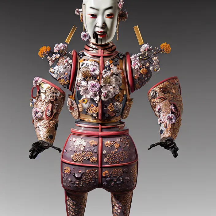 Image similar to ceramic cyborg, Kakiemon design with plums and stylized flowers in glaze and gilding Edo period 1670–1690, armor, diffuse lighting, fantasy, intricate, elegant, highly detailed, lifelike, photorealistic, digital painting, artstation, illustration, concept art, smooth, sharp focus, art by John Collier and Albert Aublet and Krenz Cushart and Artem Demura and Alphonse Mucha