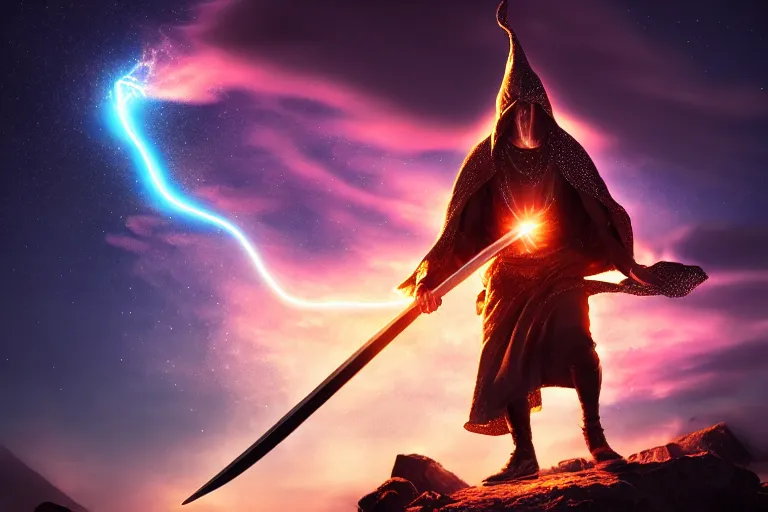 Prompt: levitating wizard wielding a sword, opening a shining portal, night sky, horizon of an erupting volcano, ultra realistic, epic lighting, high detail, trending on artstation