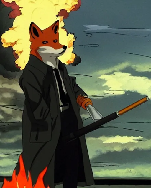 Image similar to a fox in a black trench - coat, smoking a cigarette in front of a huge explosion in the middle of a war, style of anime