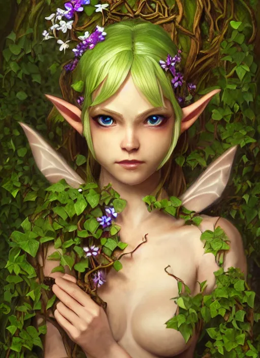 Image similar to beautiful full body portrait of the legend of Zelda ocarina of time great fairy, her body wrapped with ivy vines leaves and flowers, dark fantasy esoteric, D&D, fantasy, cinematic lighting, intricate, elegant, highly detailed, digital painting, artstation, concept art, matte, sharp focus, illustration, art by Artgerm and Tom Bagshaw and Greg Rutkowski and Alphonse Mucha