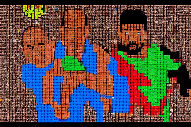 Prompt: pixel art of dwayne johnson and kevin hart, 8 bit, hd