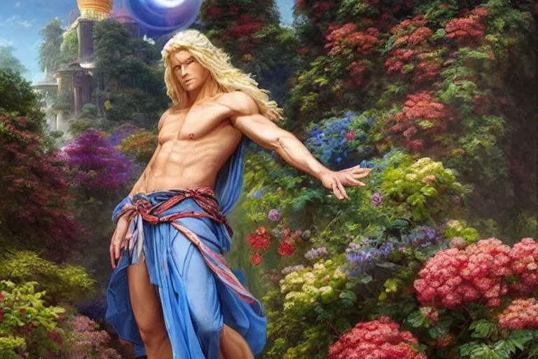 Prompt: beautiful male blonde long flowy hair gardener angel, herculean lean muscular body, wearing a toga, beautiful colourful hanging gardens with colourful flowers, gigantic blue orb hovering over a temple in the background, sharp focus highly detailed face, acrylic masterpiece art by tsuyoshi nagano, greg rutkowski, artgerm, peter mohrbacher