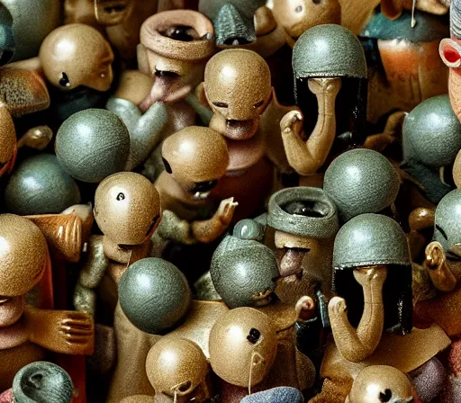 Prompt: miniature figurines of surreal heironymus bosch monsters, close up, detail, tilt shift, product photography