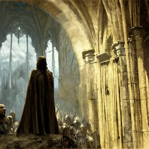 Prompt: aragorn coronation in minas tirith, painting by craig mullins greg rutkowski, strong contrast,
