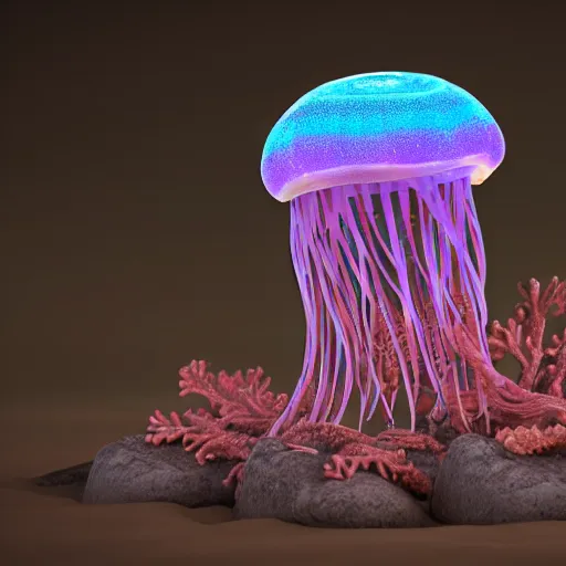 Prompt: Skeleton of a jellyfish being reclaimed by coral and rocks, bioluminescent, intricate digital artwork, photorealistic octane 3D render, vibrant colors, eye catching