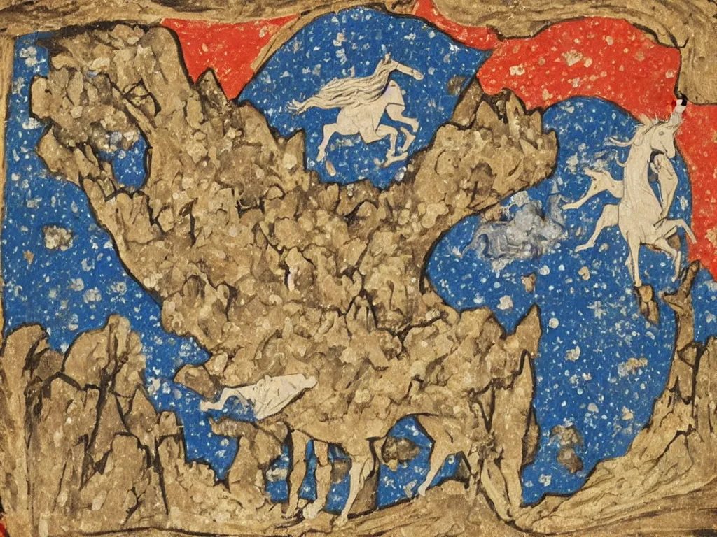 Image similar to Man pushing a giant strange jagged boulder. Unicorn with flower field, icy mountains, comet. Illuminated medieval manuscript painting.