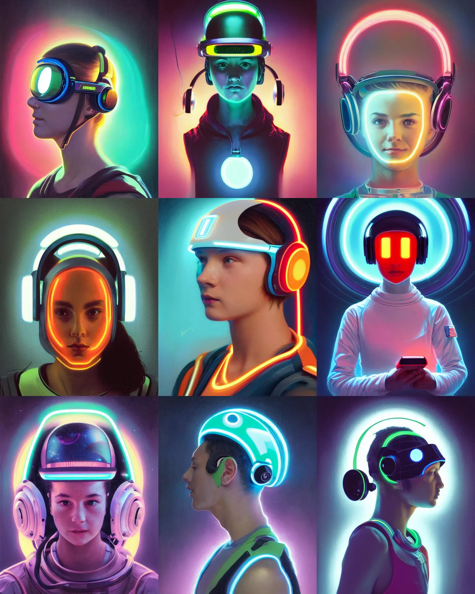 Prompt: future coder looking on, glowing visor over eyes and sleek neon headphones, neon accents, rim lighting, desaturated headshot portrait painting by dean cornwall, bouguereau, rhads, tom whalen, alex grey, alphonse mucha, donoto giancola, astronaut cyberpunk electric fashion photography