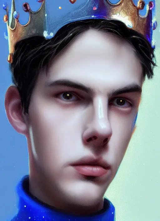 Image similar to portrait of teenage jughead jones wearing a light grey crown, crown, blue turtleneck, closed eyes, photorealistic, black hair, glowing lighting, intricate, elegant, glowing lights, highly detailed, digital painting, artstation, concept art, smooth, sharp focus, illustration, art by wlop, mars ravelo and greg rutkowski