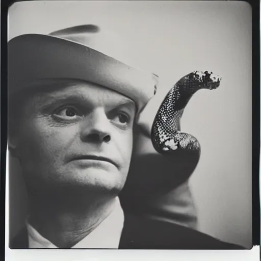 Image similar to medium-shot neat polaroid photo of Truman Capote wearing a hat, holding a big snake, by Andy Warhol