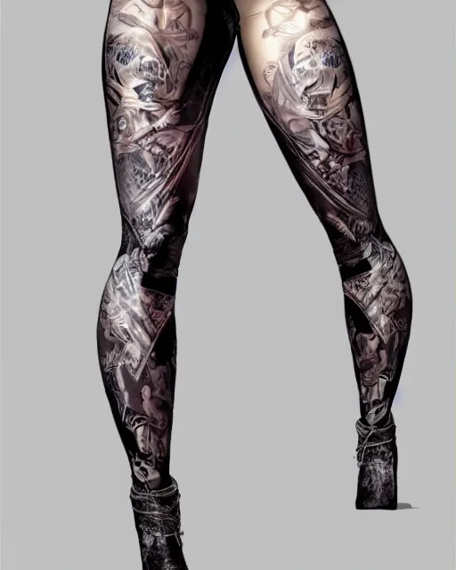 Image similar to Perfect leggings pattern imitating tattooes, focus on the pants and boots with graved runes, close-up on legs, highly detailed, digital painting, artstation, concept art, smooth, sharp focus, illustration, art by Artgerm and Hajime Sorayama
