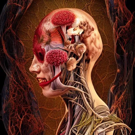 Image similar to a beautiful detailed photo of a two sides rotten woman corpse morphing into fractal plants and fractal flowers and mushrooms, muscles, veins, anatomical, intricate, ornate, volumetric light, beautiful lit, romero ressendi