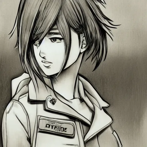 Prompt: manga style, black and white, precise line art, portrait of girl, trench sandbags in background, soldier clothing, military gear, short hair, hair down, symmetrical facial features, realistic face, 4 k, detailed drawing, available on mangadex, by kohei horikoshi