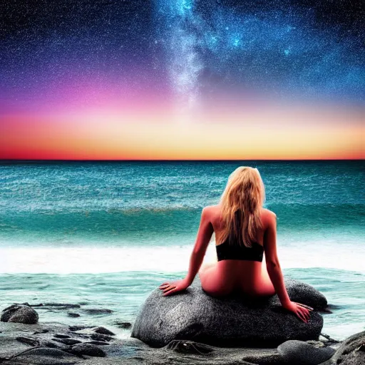 Prompt: a mermaid sitting on a rock, beach, starry sky, sunset