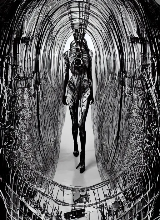 Image similar to walking down the catwalk, ben watts, show, stage, vogue photo, podium, fashion show photo, historical baroque dress dark, iris van herpen, beautiful woman, masterpiece, intricate, biopunk, vogue, full body shot, alien, plant predator, guyver, giger, wires, tubes, veins, jellyfish, white biomechanical details, highly detailed