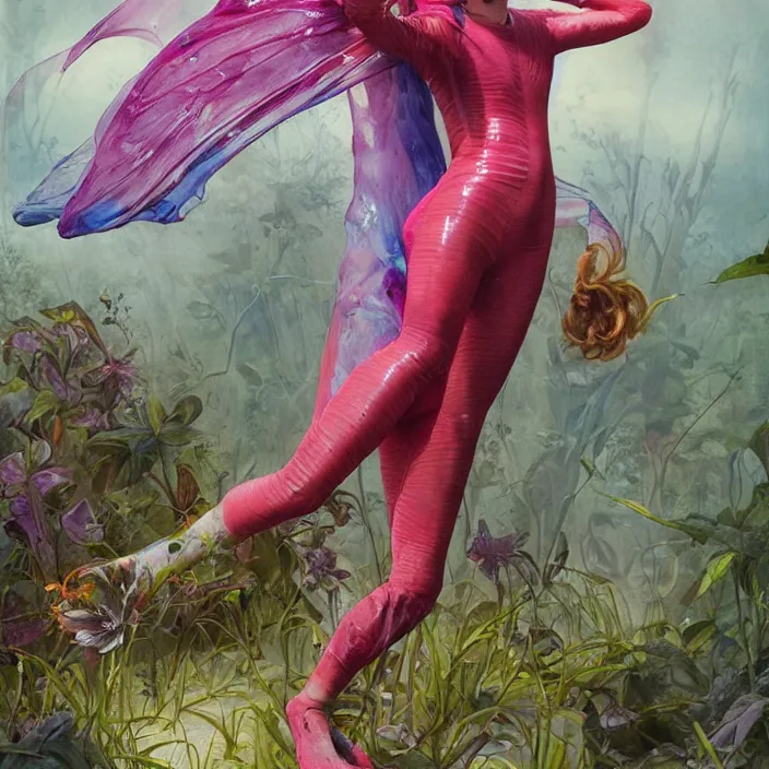 Image similar to a fashion editorial of sadie sink as a brightly colored sphinx amphibian hybrid with wet translucent skin. wearing an growing organic tactical wetsuit. by tom bagshaw, donato giancola, hans holbein, walton ford, gaston bussiere, brian froud, peter mohrbacher and magali villeneuve. 8 k, cgsociety