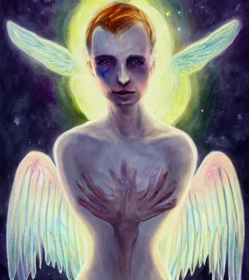 Prompt: the pale decaying beautiful girl with the most evil glowing wings, evil realm painting
