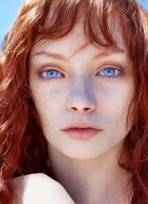 Image similar to close up portrait photograph of a thin young redhead woman with russian descent, sunbathed skin, with deep blue eyes. wavy long maroon colored hair. she looks directly at the camera. slightly open mouth, face takes up half of the photo. a park visible in the background. 5 5 mm nikon. intricate. detailed 8 k. cinematic postprocessing. award winning. luis royo.