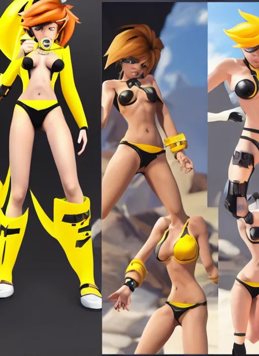 Image similar to tracer game character, in yellow bikini, blonde hair, black eyes, full height