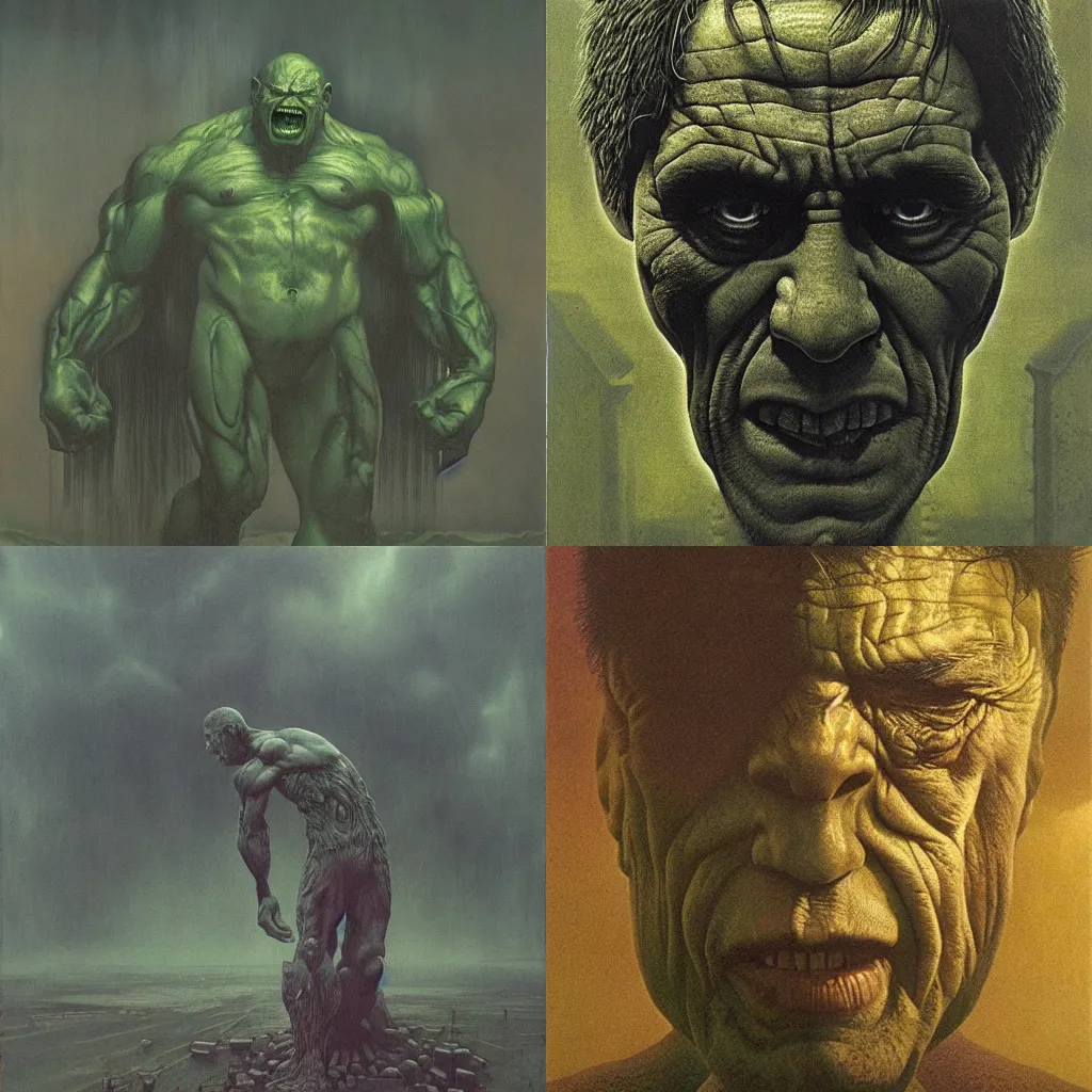 Prompt: incredible hulk, zdzislaw beksinski, ivan seal. the caretaker, leyland kirkby