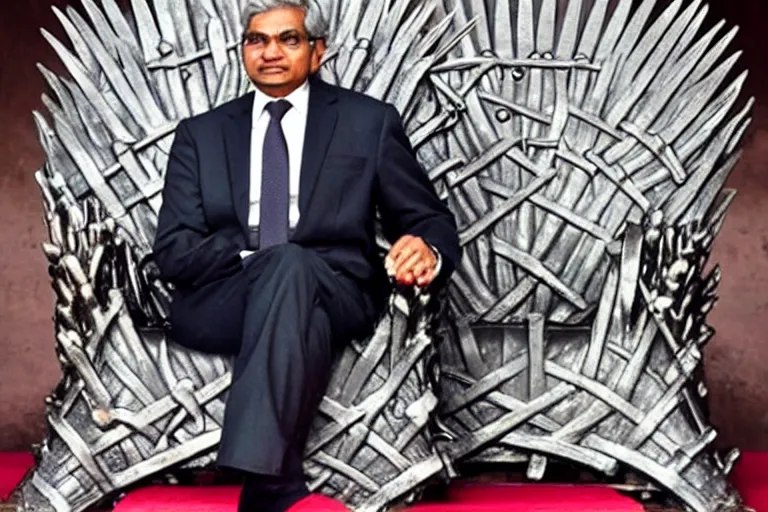 Image similar to Ranil Wickramasinghe sitting on the iron throne, closeup photograph, wearing a suit