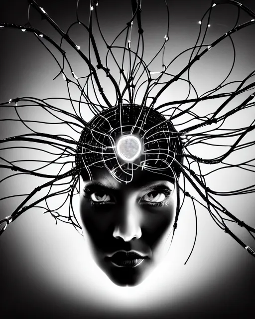 Image similar to black and white connected cyborg - plant goddess high quality photo, microchip, artificial intelligence, bio - mechanical bio - luminescence, black wired cables, neurons, nerve cells, cinematic, rim light, photo - realistic, elegant, high detail, 8 k, masterpiece, high fashion, in the style of man ray