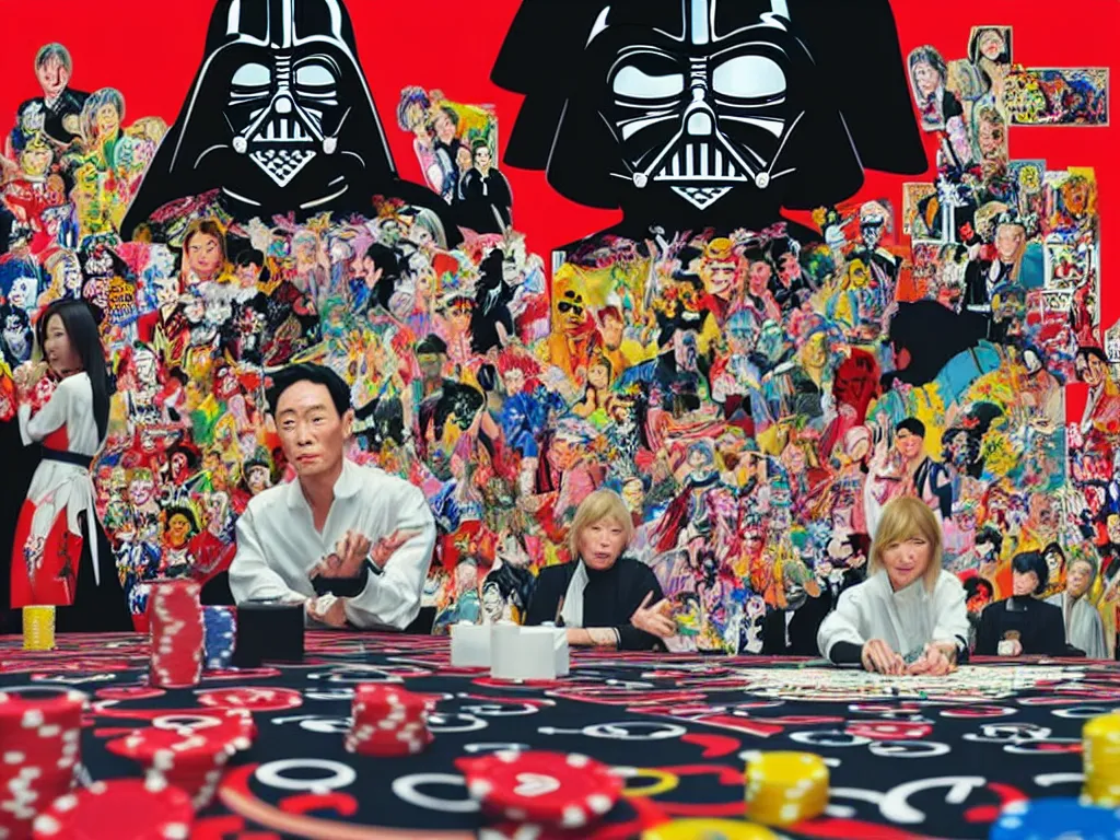 Image similar to hyper - realistic composition of a large room with an extremely detailed poker table in the center, woman in traditional japanese kimono standing nearby, darth vader sitting at the table, fireworks in the background, pop art style, jackie tsai style, andy warhol style, acrylic on canvas, dull palette