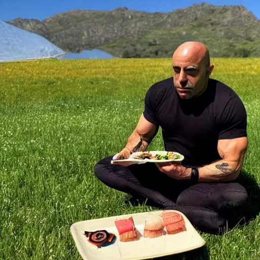 Image similar to joe rogan eating sushi on a sunny day in a field