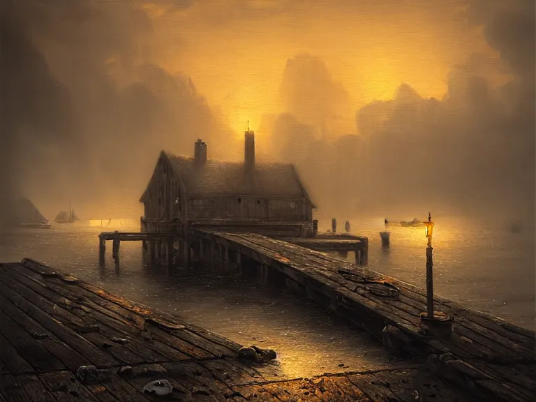 Image similar to a forgotten wharf on a cold sea by zacharias aagaard and magali villeneuve and ruth deckard and hubert robert, crisp details, hyperrealism, high contrast, low light, bokeh, short focal length, desaturated, grey mist, cobblestones, orange candle flames
