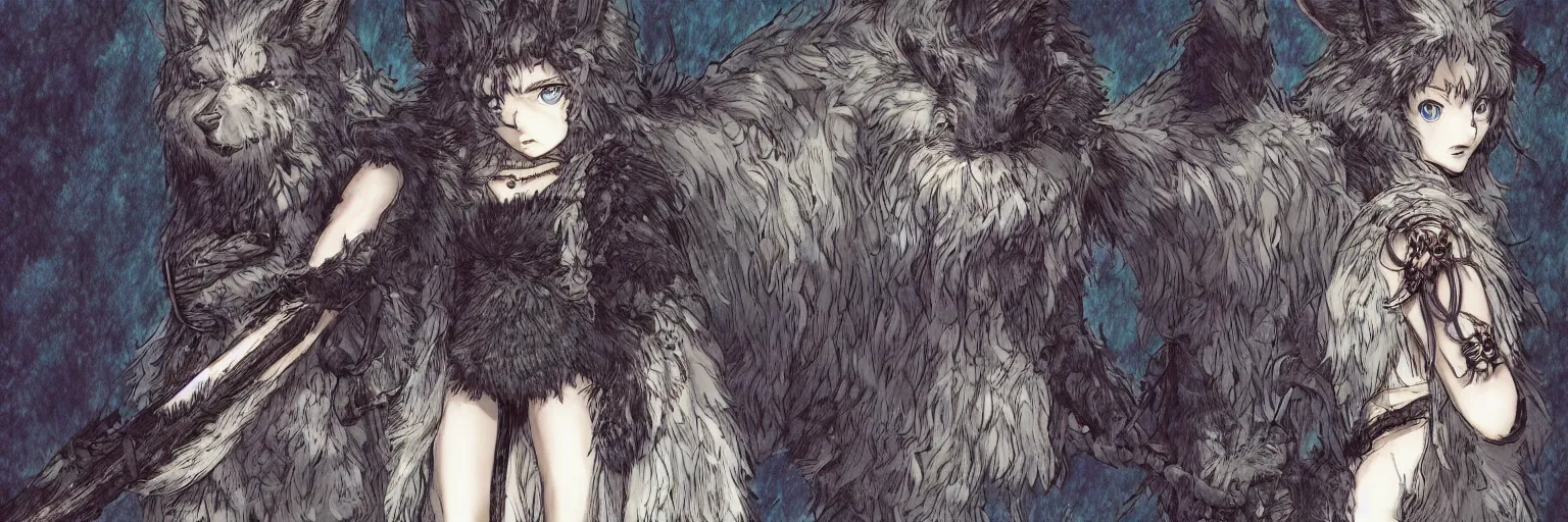 Image similar to a beautiful dressed furry girl, artstation hq, stylized, award winning, dark phantasy, colored page from the berserk manga, created by kentaro miura