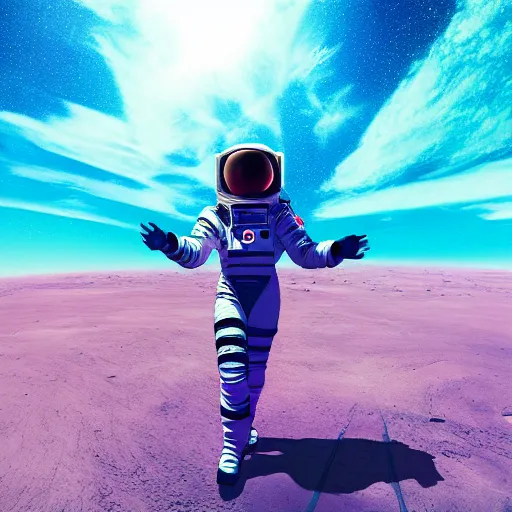 Image similar to A wide angle shot from below of a female astronaut with a feminine body walking with swagger towards camera on mars in an infinite universe , synthwave digital art