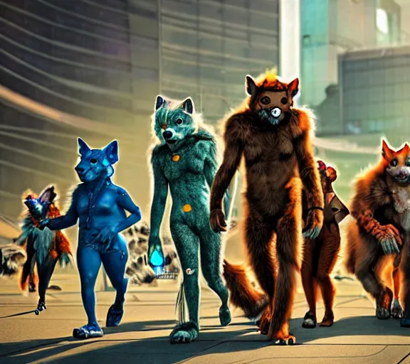 Image similar to high - resolution photograph from a biopunk era furry fandom convention ( midwest furfest 2 0 4 7 ), taking place after the genetic revolution and quantum singularity. photorealistic.