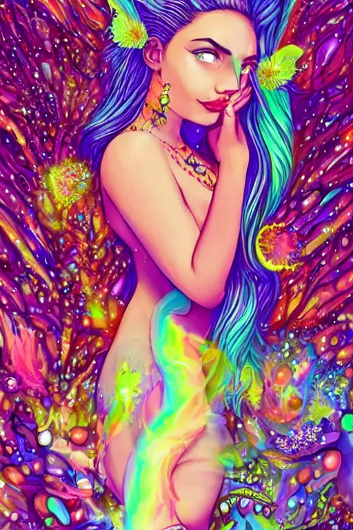 Image similar to psychedelic, digital painting, 4k, illustration, beautiful seductive woman with fox ears smoking weed, with professional makeup, long trippy hair, a crystal and flower dress, sitting on bed of crystals, surrounded by gems, underneath the stars, rainbow fireflies, trending on patreon, deviantart, twitter, artstation, volumetric lighting, heavy contrast, art style of artgerm and Greg Rutkowski and alphonse mucha