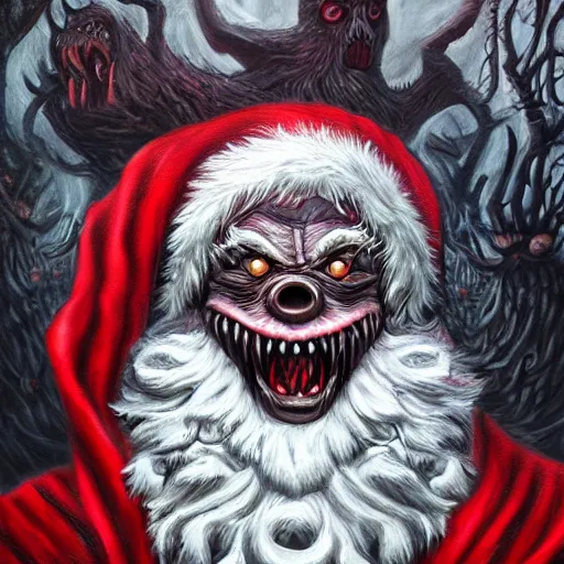 Image similar to terrifying monster Santa full dramatic shot, Lovecraft, oil painting, epic, ultra detailed, intricate