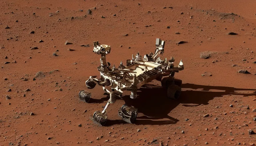 Prompt: An image taken from the surface of Mars showing a skeleton of a deer, 4k, Curiosity Rover,